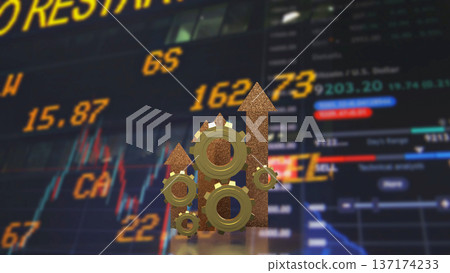 Financial Market Growth Concept with Gears and Rising Arrows 3d render. 137174233