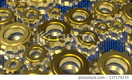 Digital Technology Concept with Golden Gears and Binary Code 3d render. Digital Technology Concept with Golden Gears and Binary Code 3d render. 137174235
