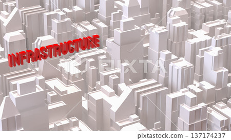Red Infrastructure Text Over Abstract Cityscape Background 3d render. 137174237