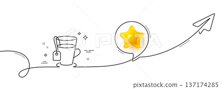 Tea with bag line icon. Continuous line with share plane. Hot drink sign. Fresh beverage symbol. 3d star in speech bubble. Tea single line ribbon. Loop curve pattern. Vector 137174285