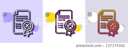 Reject certificate line icon. Halftone dotted pattern. Gradient icon with grain shadow. Decline document sign. Wrong file. Line reject certificate icon. Various designs. Vector 137174302