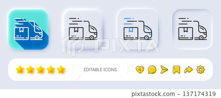 Delivery truck line icon. Neumorphic, Flat shadow, 3d buttons. Logistic service sign. Export freight boxes symbol. Line delivery truck icon. Social media icons. Vector 137174319