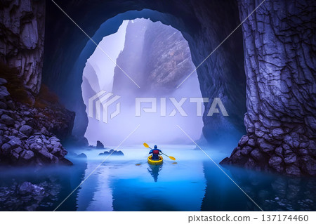 Kayakers enjoying the beautiful rocky landscape. Neural network AI generated art 137174460