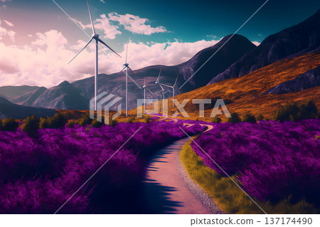 Aerial view of Lavender field with blooming purple bushes grown for cosmetic purposes. Wind turbines in the background. Neural network AI generated art 137174490