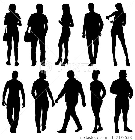 Set of black silhouette standing poses of men and women isolated on white background. Collection of male and female figures for business, fashion, fitness, or lifestyle graphic design 137174538