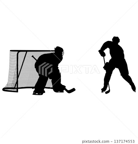 Black silhouettes of an ice hockey player shooting the puck and a goalkeeper making a save isolated on white background. Action sports scene for graphic design or team branding Black silhouettes of an ice hockey player shooting the puck and a goalkeeper making a save isolated on white background. Action sports scene for graphic design or team branding 137174553