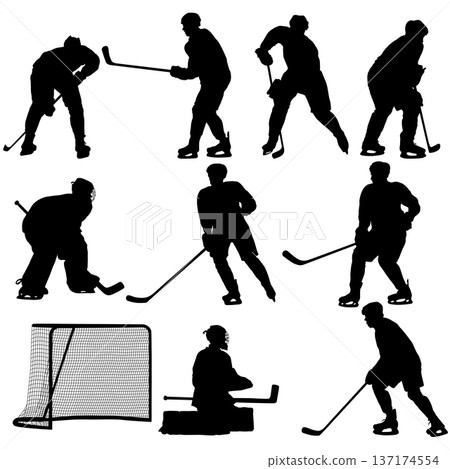 Set of black silhouette ice hockey elements including players, goalkeeper, goal net, and duel scenes isolated on white background. Collection for sports graphic design and team branding 137174554