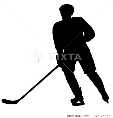Black silhouette of an ice hockey player holding a stick, isolated on white background. Dynamic pose, perfect for sports design, logo, emblem, or team branding Black silhouette of an ice hockey player holding a stick, isolated on white background. Dynamic pose, perfect for sports design, logo, emblem, or team branding 137174556