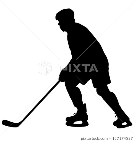 Black silhouette of an ice hockey player holding a stick, isolated on white background. Dynamic pose, perfect for sports design, logo, emblem, or team branding Black silhouette of an ice hockey player holding a stick, isolated on white background. Dynamic pose, perfect for sports design, logo, emblem, or team branding 137174557