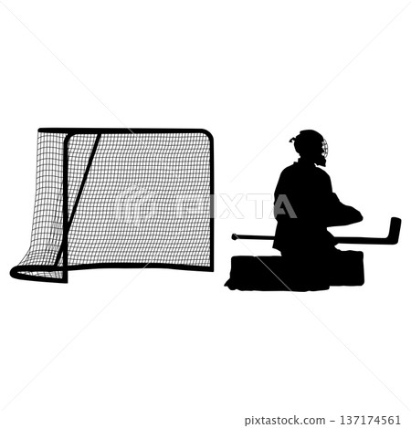 Black silhouette of an ice hockey goalkeeper or goalie isolated on white background. Sports pose for logo, emblem, team branding, or hockey tournament design 137174561