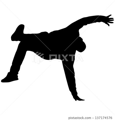 Black silhouette of a breakdancer in dynamic street dance pose isolated on white background. Urban culture concept for hip hop music design, sport wear, or graffiti style art Black silhouette of a breakdancer in dynamic street dance pose isolated on white background. Urban culture concept for hip hop music design, sport wear, or graffiti style art 137174576