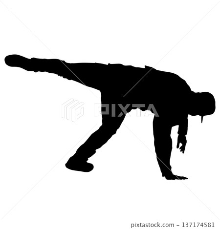 Black silhouette of a breakdancer in dynamic street dance pose isolated on white background. Urban culture concept for hip hop music design, sport wear, or graffiti style art Black silhouette of a breakdancer in dynamic street dance pose isolated on white background. Urban culture concept for hip hop music design, sport wear, or graffiti style art 137174581