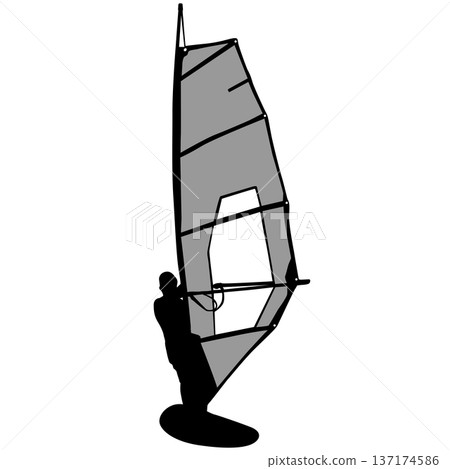 Black silhouette of a man windsurfing on a board with sail isolated on white background. Extreme water sport concept for summer vacation, adventure, or outdoor lifestyle design Black silhouette of a man windsurfing on a board with sail isolated on white background. Extreme water sport concept for summer vacation, adventure, or outdoor lifestyle design 137174586