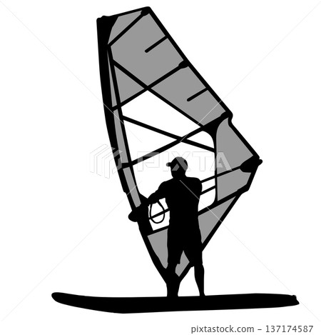 Black silhouette of a man windsurfing on a board with sail isolated on white background. Extreme water sport concept for summer vacation, adventure, or outdoor lifestyle design Black silhouette of a man windsurfing on a board with sail isolated on white background. Extreme water sport concept for summer vacation, adventure, or outdoor lifestyle design 137174587