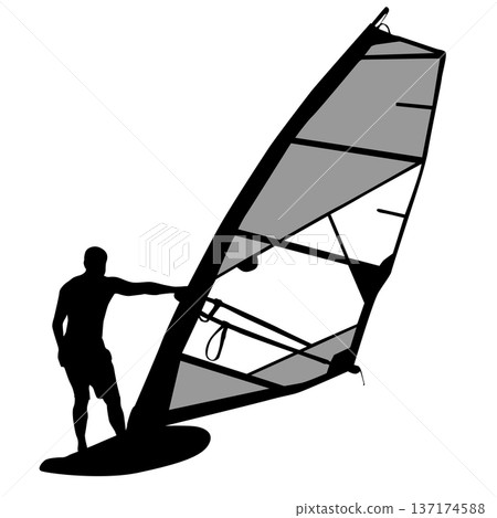 Black silhouette of a man windsurfing on a board with sail isolated on white background. Extreme water sport concept for summer vacation, adventure, or outdoor lifestyle design Black silhouette of a man windsurfing on a board with sail isolated on white background. Extreme water sport concept for summer vacation, adventure, or outdoor lifestyle design 137174588