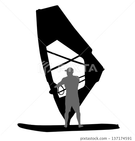 Black silhouette of a man windsurfing on a board with sail isolated on white background. Extreme water sport concept for summer vacation, adventure, or outdoor lifestyle design Black silhouette of a man windsurfing on a board with sail isolated on white background. Extreme water sport concept for summer vacation, adventure, or outdoor lifestyle design 137174591