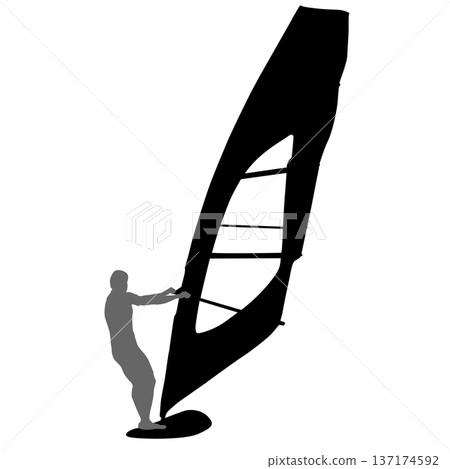 Black silhouette of a man windsurfing on a board with sail isolated on white background. Extreme water sport concept for summer vacation, adventure, or outdoor lifestyle design 137174592