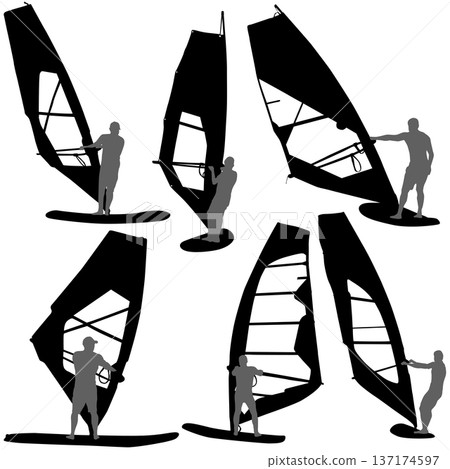 Set of black silhouette windsurfing men on boards with sail isolated on white background. Collection of extreme water sport poses for summer adventure, ocean sports, or outdoor lifestyle design 137174597