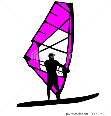 Black silhouette of a man windsurfing on a board with colorful sail isolated on white background. Bright extreme water sport concept for summer vacation, adventure, or outdoor lifestyle design Black silhouette of a man windsurfing on a board with colorful sail isolated on white background. Bright extreme water sport concept for summer vacation, adventure, or outdoor lifestyle design 137174608