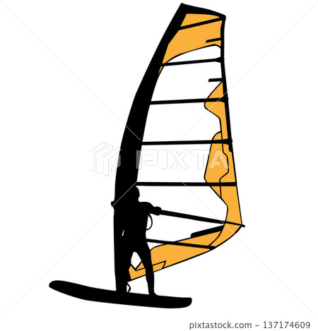 Black silhouette of a man windsurfing on a board with colorful sail isolated on white background. Bright extreme water sport concept for summer vacation, adventure, or outdoor lifestyle design Black silhouette of a man windsurfing on a board with colorful sail isolated on white background. Bright extreme water sport concept for summer vacation, adventure, or outdoor lifestyle design 137174609