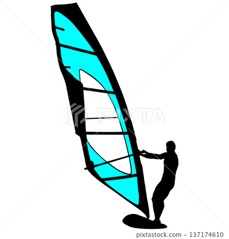 Black silhouette of a man windsurfing on a board with colorful sail isolated on white background. Bright extreme water sport concept for summer vacation, adventure, or outdoor lifestyle design Black silhouette of a man windsurfing on a board with colorful sail isolated on white background. Bright extreme water sport concept for summer vacation, adventure, or outdoor lifestyle design 137174610