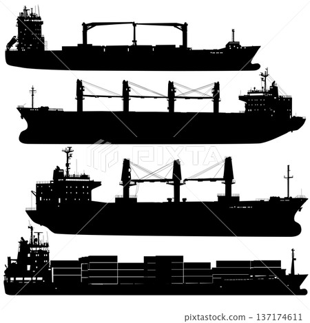 Set of black silhouette cargo ships isolated on white. Collection includes container vessel and multi-purpose freighter with cranes. Industrial graphics for maritime transport and logistics 137174611