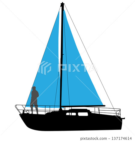Black silhouette of a sailing yacht with a man standing on the bow isolated on white background. Nautical graphic for maritime adventure, luxury travel, or summer vacation design Black silhouette of a sailing yacht with a man standing on the bow isolated on white background. Nautical graphic for maritime adventure, luxury travel, or summer vacation design 137174614