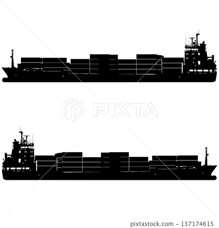 Black silhouette of a cargo ship or container vessel isolated on white background. Simple graphic for maritime transport, logistics, or international shipping design Black silhouette of a cargo ship or container vessel isolated on white background. Simple graphic for maritime transport, logistics, or international shipping design 137174615
