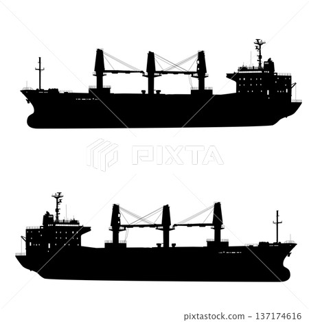 Black silhouette of a multi-purpose cargo ship with onboard cranes isolated on white background. Industrial graphic for maritime transport, logistics, or heavy lift shipping design 137174616