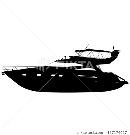 Black silhouette of a large luxury motor yacht isolated on white background. Sleek design for maritime travel, premium boating, or summer vacation graphics 137174617