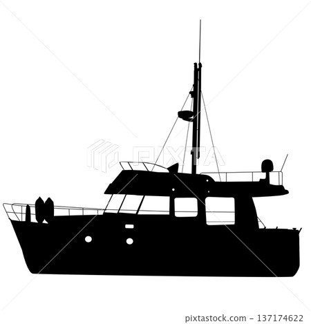 Black silhouette of a large luxury motor yacht isolated on white background. Sleek design for maritime travel, premium boating, or summer vacation graphics 137174622