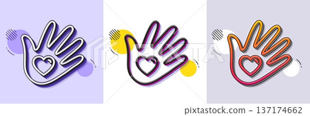 Social responsibility line icon. Halftone dotted pattern. Gradient icon with grain shadow. Hand with heart sign. Charity symbol. Line social responsibility icon. Various designs. Vector 137174662