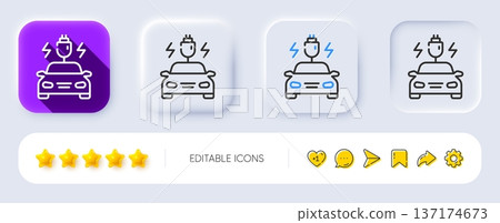 Car charging line icon. Neumorphic, Flat shadow, 3d buttons. Vehicle charge plug sign. Electric power symbol. Line car charging icon. Social media icons. Vector 137174673