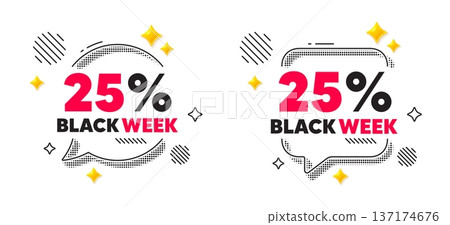Black week chat speech bubble. Social media concept. Black week 25 percent sale. Special discount sign. Black friday offer symbol. 3d flare stars chat bubble. Vector 137174676