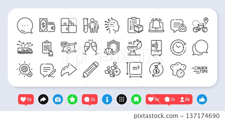 Education, Artificial intelligence and Pencil line icons pack. Social media: share, comment, like icons. Cogwheel, Time change, Chat message web icon. Medical analyzes, Puzzle, Write pictogram. Vector 137174690