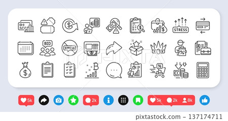 Bitcoin graph, Report and Money bag line icons pack. Social media: share, comment, like icons. Dollar exchange, Stress grows, Vacancy web icon. Vector 137174711