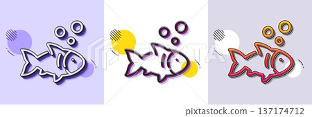 Fish line icon. Halftone dotted pattern. Gradient icon with grain shadow. Fishing catch sign. Fresh seafood symbol. Line fish icon. Various designs. Vector 137174712