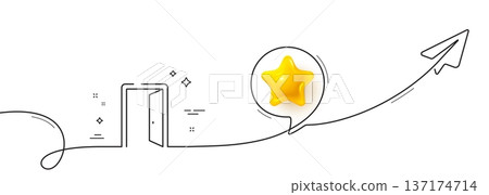 Open door line icon. Continuous line with share plane. Entrance doorway sign. Building entry symbol. 3d star in speech bubble. Open door single line ribbon. Loop curve pattern. Vector 137174714