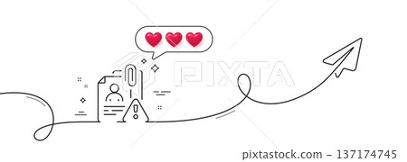 Search employee line icon. Continuous line with share plane. Interview warning sign. Caution alert symbol. Hearts rate review in speech bubble. Search employee single line ribbon. Vector 137174745