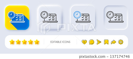 Online test line icon. Neumorphic, Flat shadow, 3d buttons. Time sign. Examination symbol. Line online test icon. Social media icons. Vector 137174746