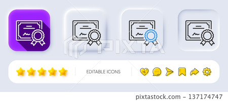 Certificate line icon. Neumorphic, Flat shadow, 3d buttons. Certified document sign. Medal or stamp symbol. Line certificate icon. Social media icons. Vector Certificate line icon. Neumorphic, Flat shadow, 3d buttons. Certified document sign. Medal or stamp symbol. Line certificate icon. Social media icons. Vector 137174747