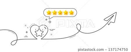 Ranking star line icon. Continuous line with share plane. Love rating sign. Best rank symbol. Five star rate review in speech bubble. Ranking star single line ribbon. Loop curve pattern. Vector Ranking star line icon. Continuous line with share plane. Love rating sign. Best rank symbol. Five star rate review in speech bubble. Ranking star single line ribbon. Loop curve pattern. Vector 137174750