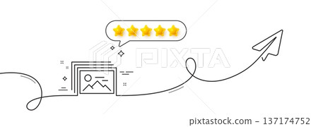 Image gallery line icon. Continuous line with share plane. Photo thumbnail sign. Album picture placeholder symbol. Five star rate review in speech bubble. Image gallery single line ribbon. Vector 137174752