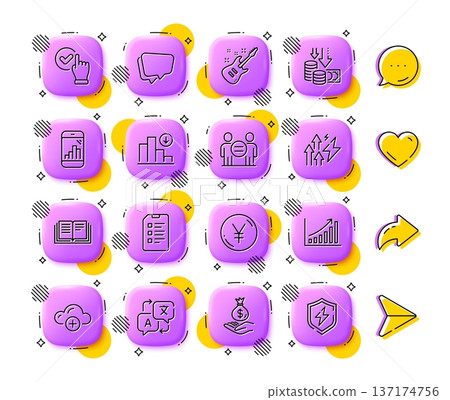 Ethics, Electric guitar and Speech bubble line icons. App 3d buttons. Social media comment, share, like icons. Pack of Checklist, Graph phone, Deflation icon. Vector 137174756