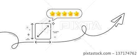 Square area line icon. Continuous line with share plane. Room dimension sign. Territory measurement symbol. Five star rate review in speech bubble. Square area single line ribbon. Vector 137174762