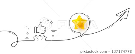 Rating stars line icon. Continuous line with share plane. Thumb up hand sign. User ranking symbol. 3d star in speech bubble. Rating stars single line ribbon. Loop curve pattern. Vector Rating stars line icon. Continuous line with share plane. Thumb up hand sign. User ranking symbol. 3d star in speech bubble. Rating stars single line ribbon. Loop curve pattern. Vector 137174778