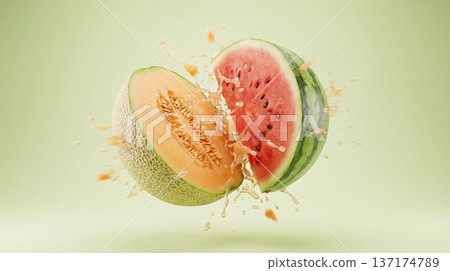 Refreshing watermelon and melon with juice splashes falling on light green background 137174789