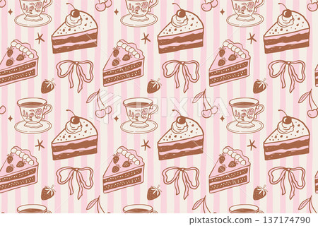 Vintage patisserie seamless pattern with cake slice, tea cup and cherry icons. 137174790