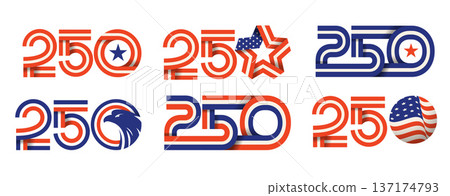 Set of United States of America 250th anniversary celebration badges. Happy 4th of July USA 137174793