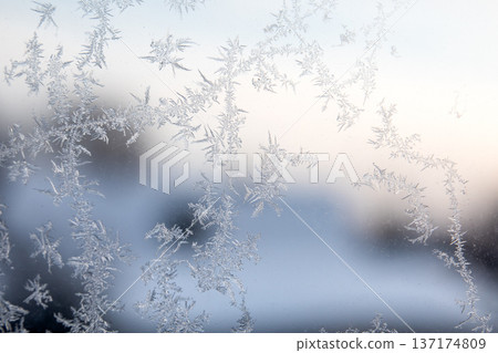 Ice Frost Crystal Patterns On Window Glass In Cold Winter Light Ice Frost Crystal Patterns On Window Glass In Cold Winter Light 137174809